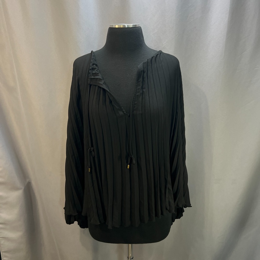 Zara Blouse Top Womens Medium Black Pleated Long Sleeve Tie Front Party Cocktail
